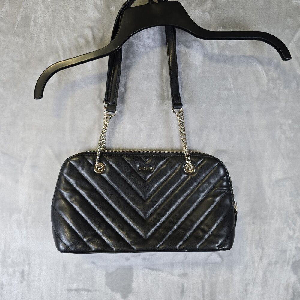 DKNY Logo Quilted Shoulder Bag Black w/Gold Chain Detail Full Zip Pockets